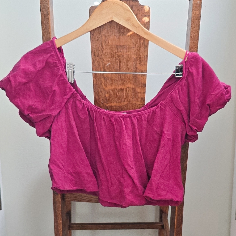 Free People We The Free wine red bordeaux puff sleeve bubble hem crop top